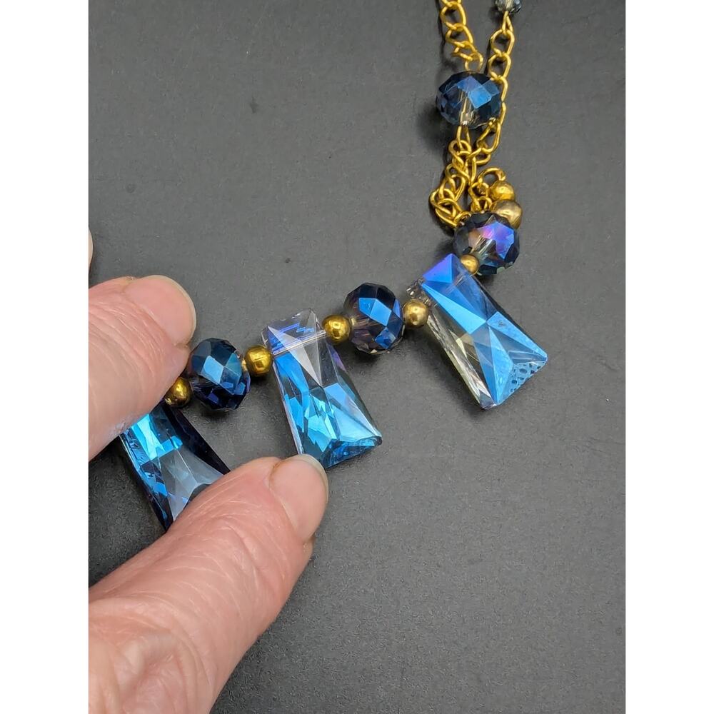Gold Tone Crystal Aurora Borealis Statement Necklace Blue Purple Iridescent Read - Picture 6 of 12